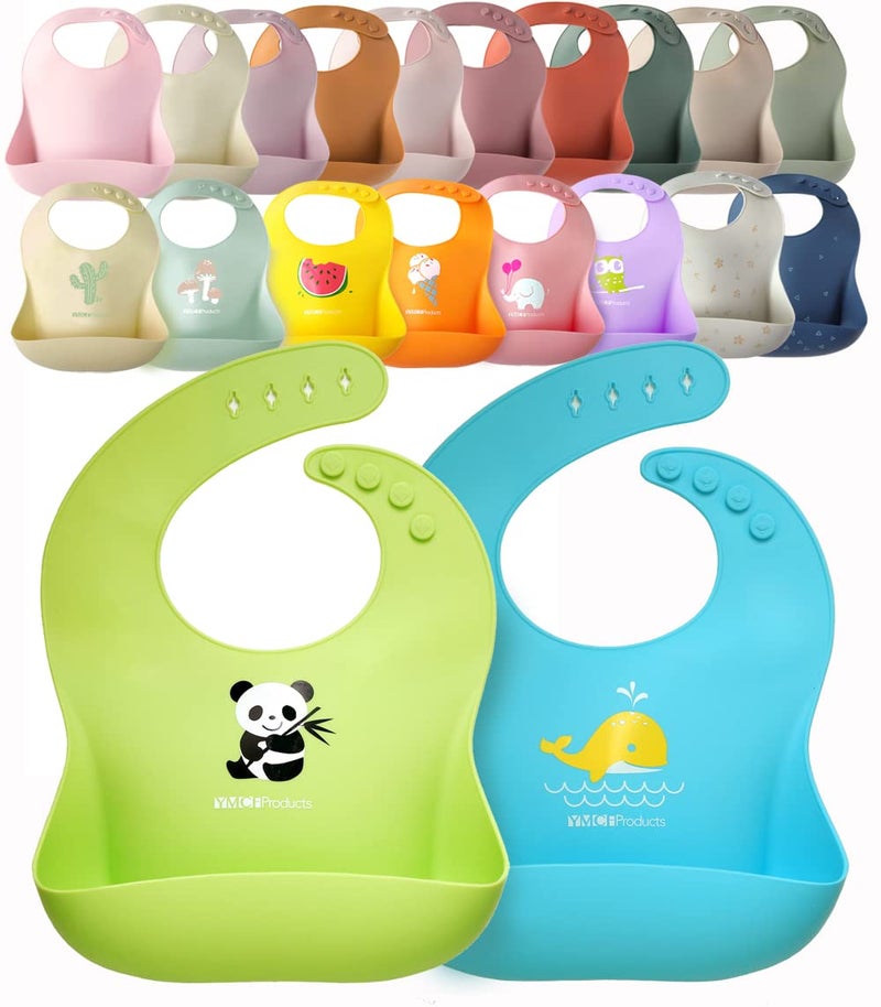 YMCF Products 2-Pack Waterproof Silicone Baby Bib Lightweight Comfortable Easy-Wipe Clean (Green/Blue, Large) - Image 1